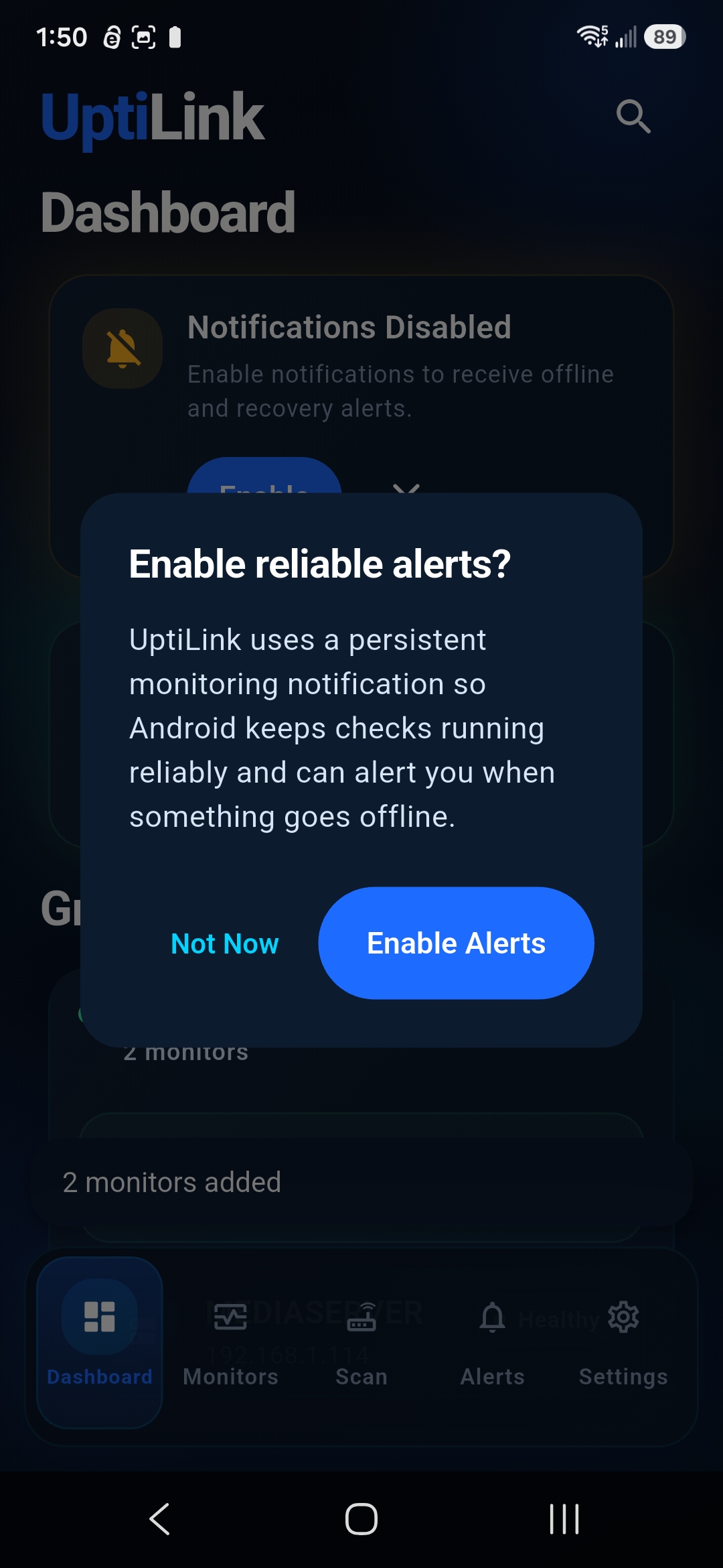 UptiLink prompt for enabling reliable background network alerts